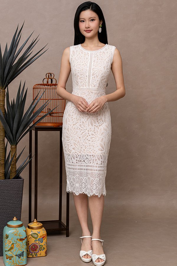 CELANDINE GUIPURE LACE DRESS (WHITE)