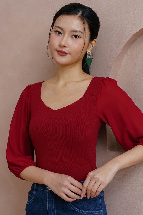 SASKIA PADDED TOP WITH TULLE SLEEVES (WINE RED)