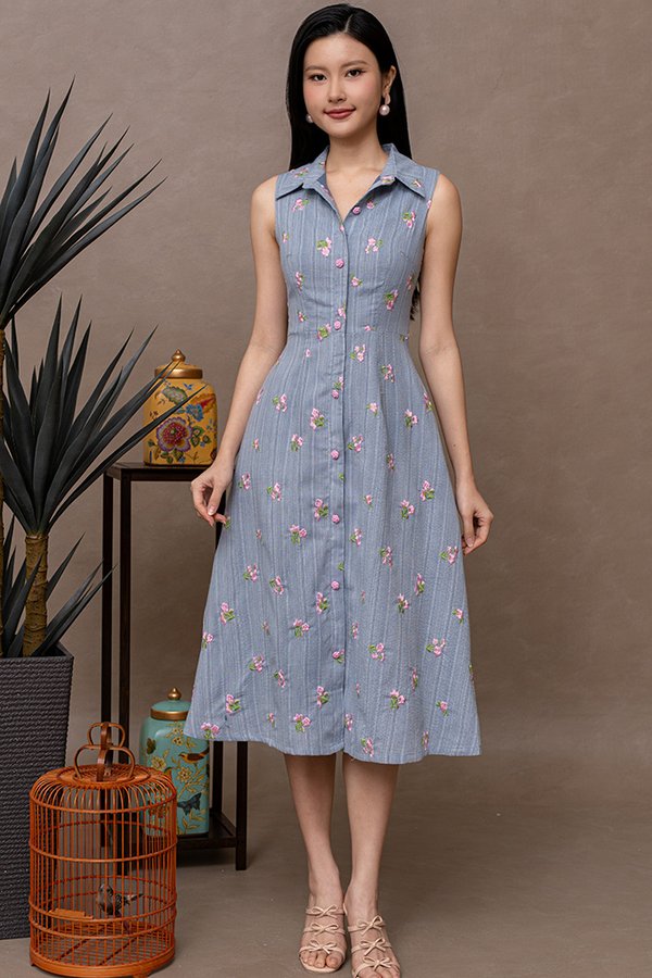 ELODIE EMBROIDERY SHIRT DRESS (MID BLUE)