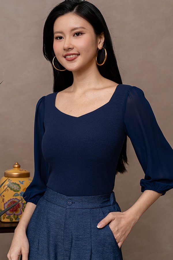 SASKIA PADDED TOP WITH TULLE SLEEVES (NAVY)
