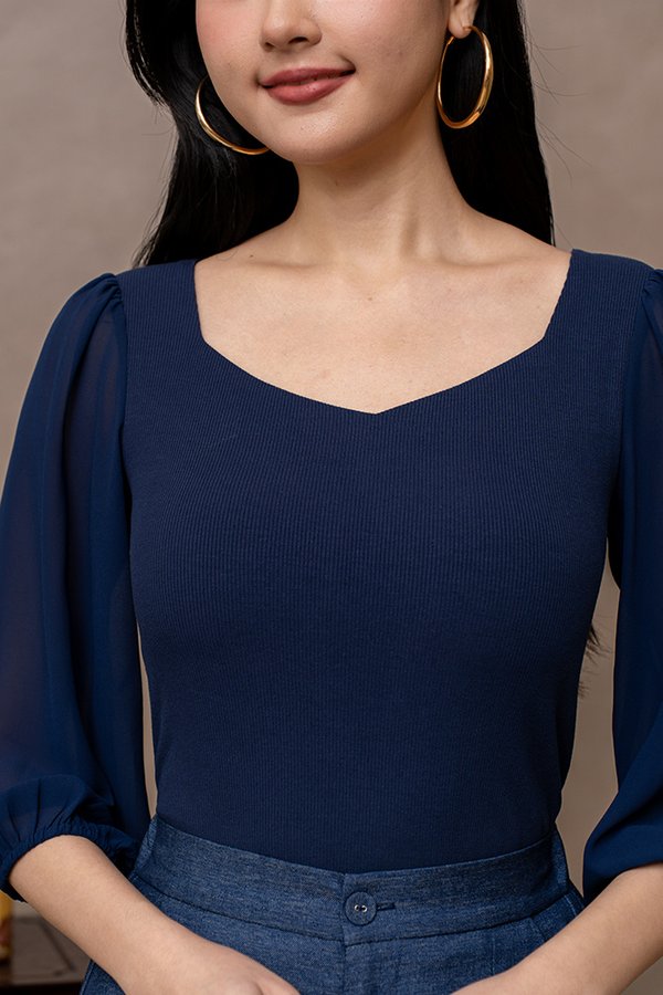 SASKIA PADDED TOP WITH TULLE SLEEVES (NAVY)