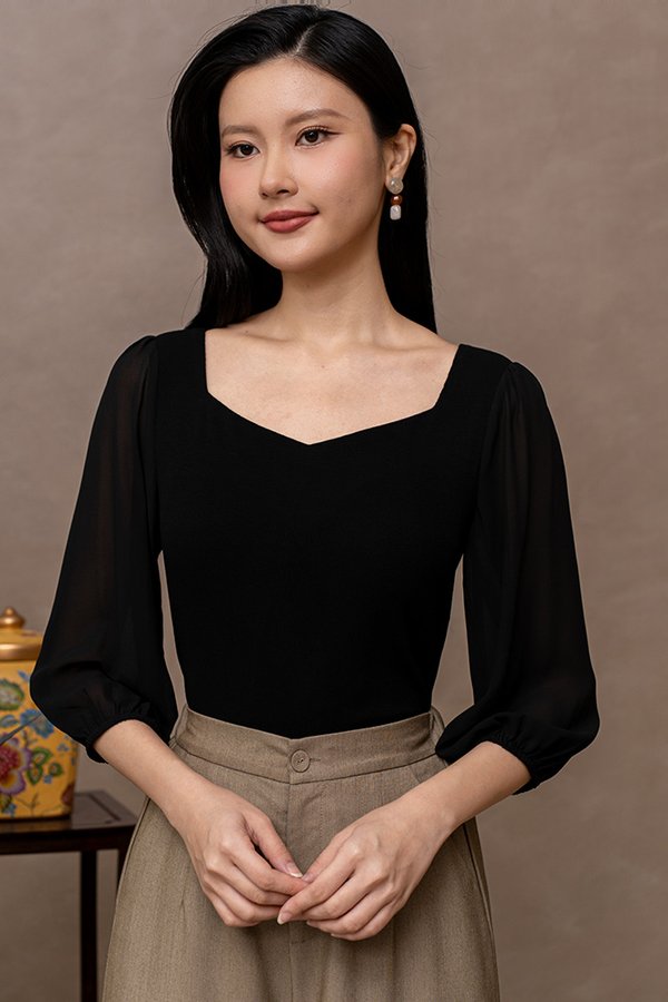 SASKIA PADDED TOP WITH TULLE SLEEVES (BLACK)
