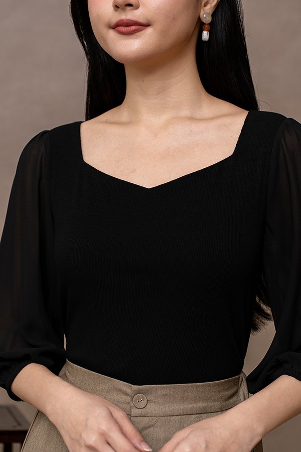 SASKIA PADDED TOP WITH TULLE SLEEVES (BLACK)