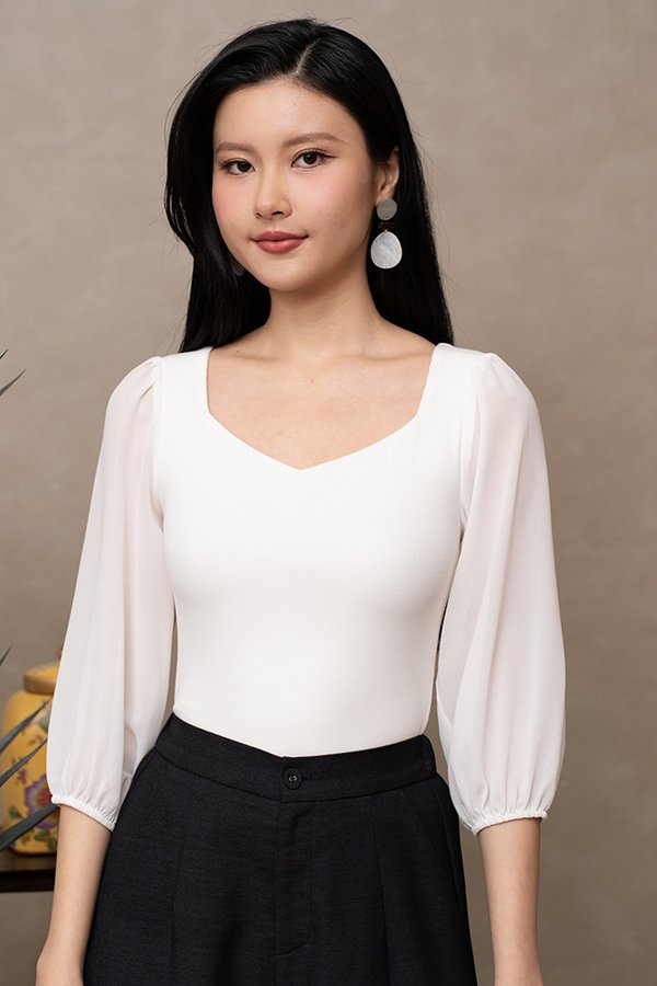 SASKIA PADDED TOP WITH TULLE SLEEVES (WHITE)