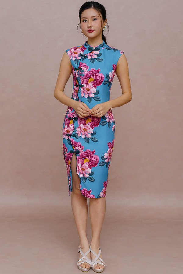 MOONLIT PEONY FRONT SLIT CHEONGSAM DRESS (TEAL)