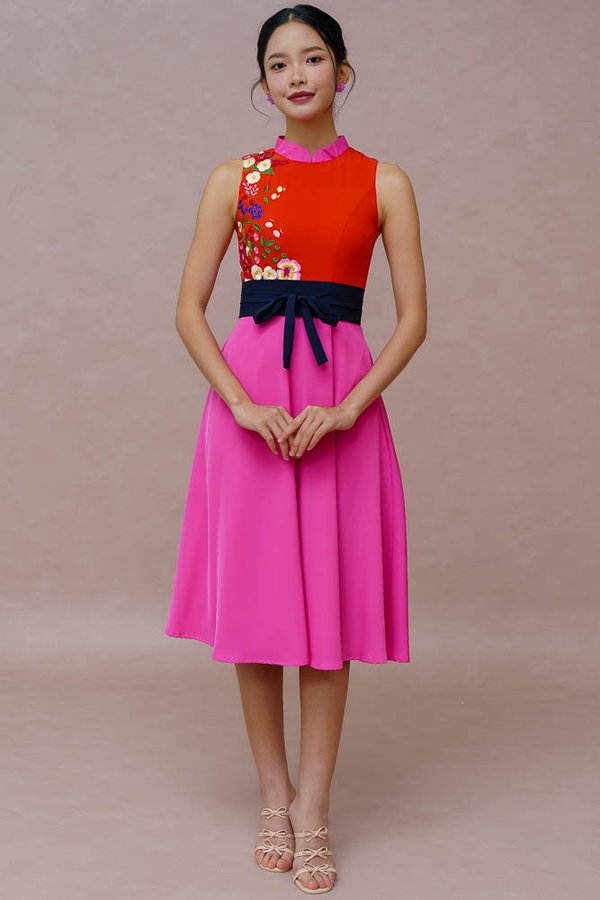 FLOREA SONATA EMBROIDERY CHEONGSAM DRESS (CRIMSON BLUSH)