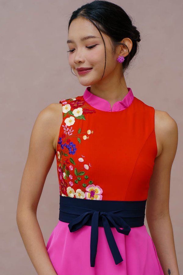 FLOREA SONATA EMBROIDERY CHEONGSAM DRESS (CRIMSON BLUSH)