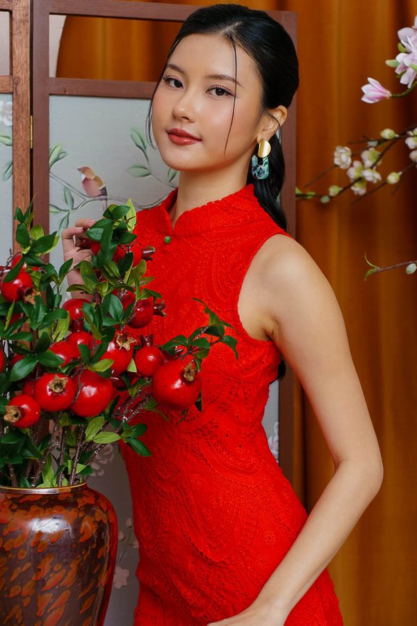 MOON DEW CROCHET CHEONGSAM DRESS (TANGERINE)