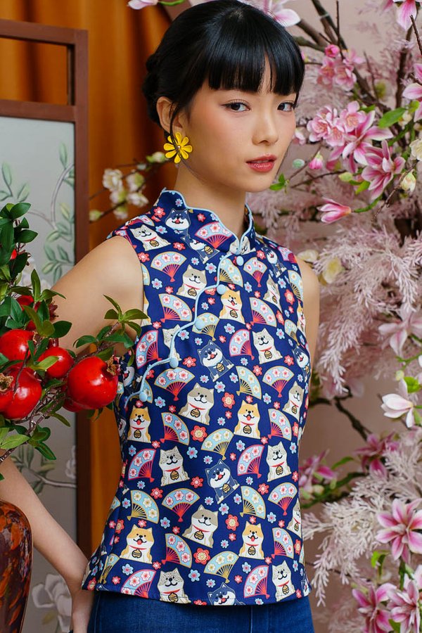 HELLO! I AM HACHIKO CHEONGSAM TOP (NAVY BLUE)