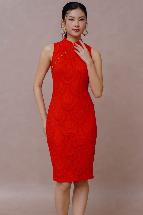 MOON DEW CROCHET CHEONGSAM DRESS (TANGERINE)