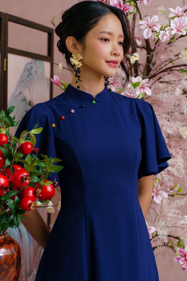 GOLDEN THREAD FLUTTER SLEEVED CHEONGSAM DRESS (ROYAL NAVY)