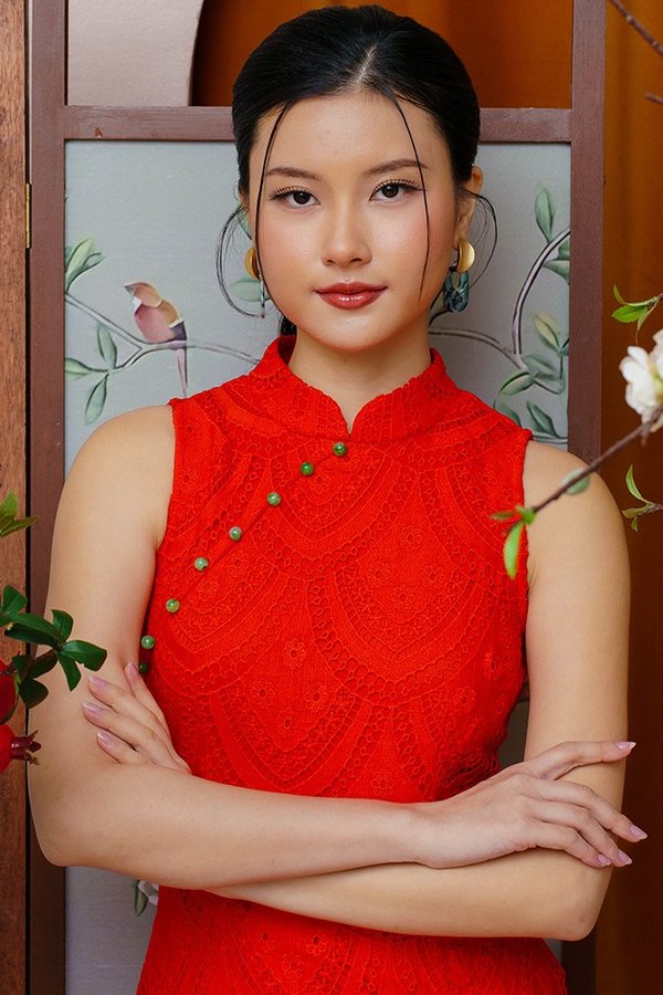 MOON DEW CROCHET CHEONGSAM DRESS (TANGERINE)