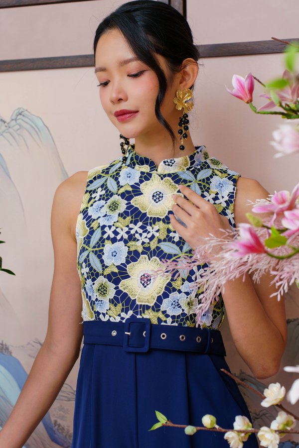 THE DREAMWEAVER CROCHET CHEONGSAM JUMPSUIT (ROYAL NAVY)