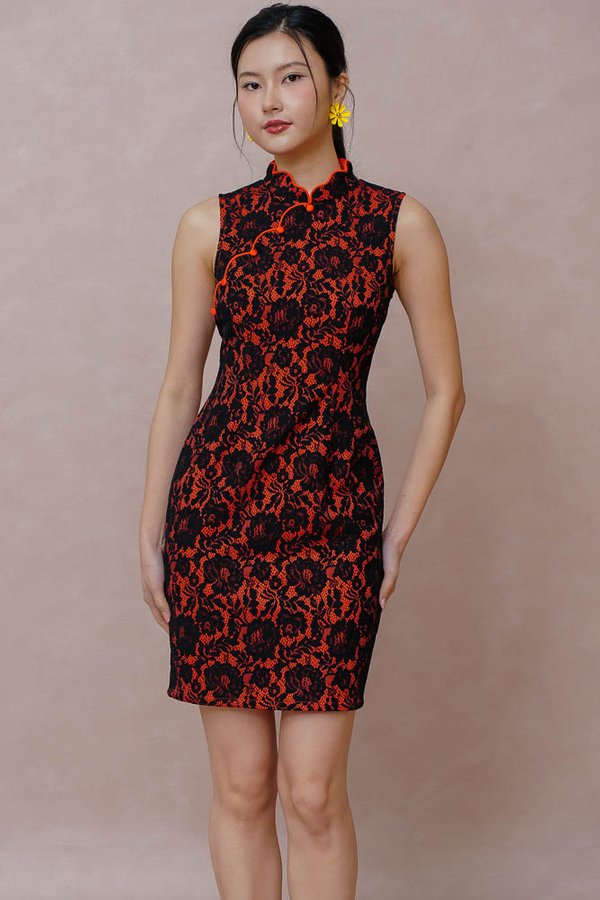 THE GOLDEN HOUR GUIPURE LACE CHEONGSAM DRESS (ONYX TANGERINE)