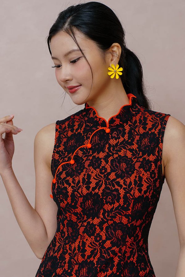 THE GOLDEN HOUR GUIPURE LACE CHEONGSAM DRESS (ONYX TANGERINE)