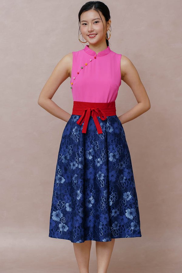 TIMELESS WEAVE HALF & HALF LACE CHEONGSAM DRESS (FUCHSIA PINK)