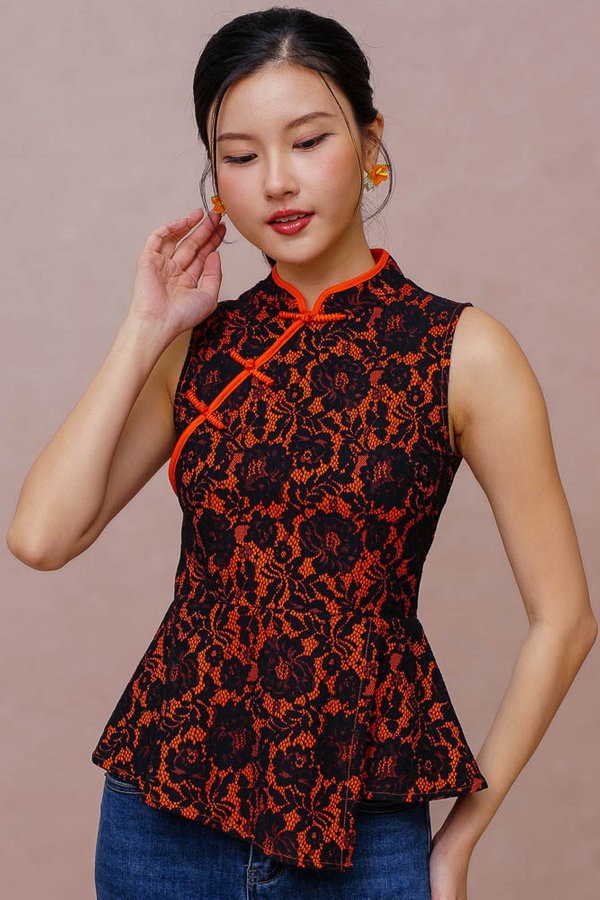 THE GOLDEN HOUR GUIPURE LACE CHEONGSAM TOP (ONYX TANGERINE)
