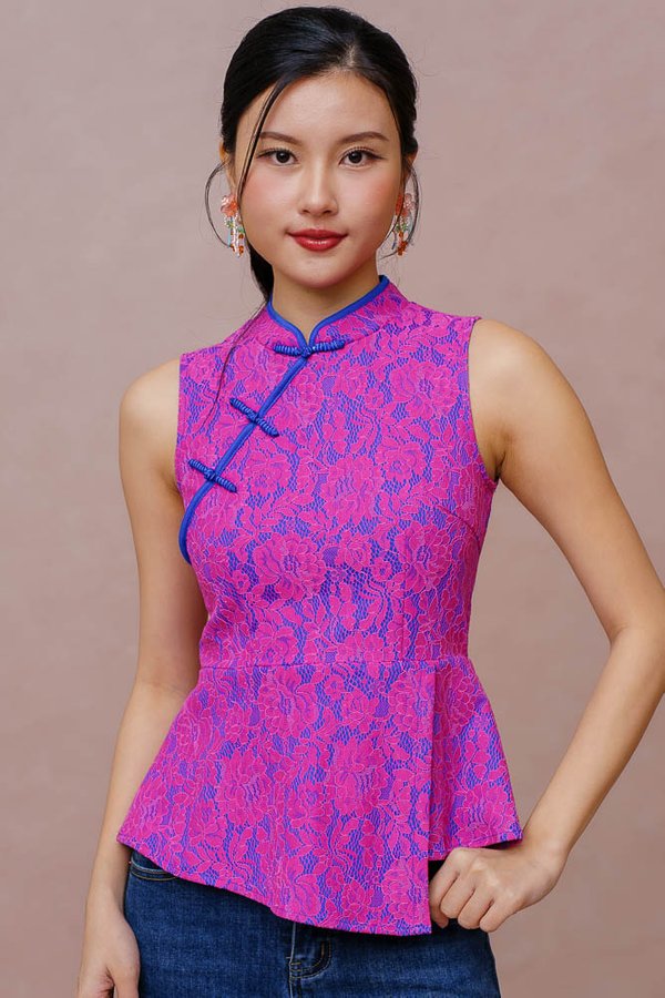 THE GOLDEN HOUR GUIPURE LACE CHEONGSAM TOP (ELECTRIC BLOOM PINK)