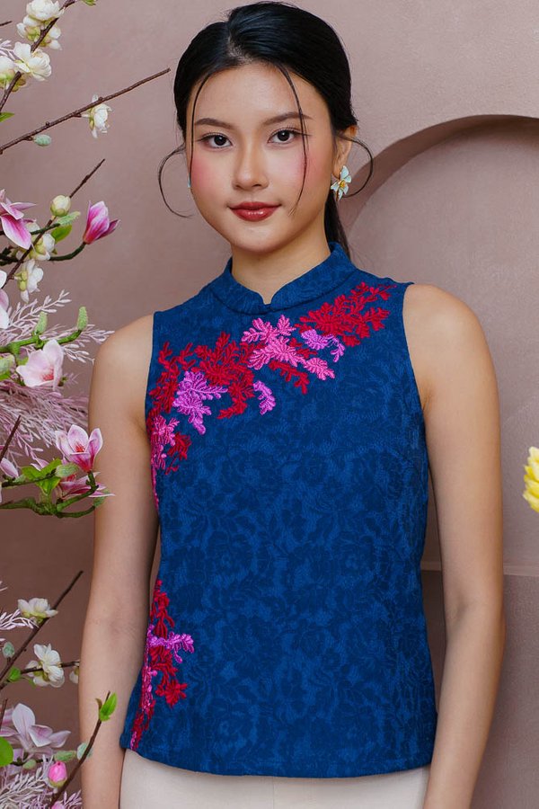 BLOOMINGDALE EMBROIDERED LACE CHEONGSAM TOP (TEAL BLUE)