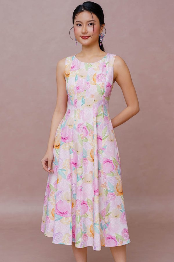 TWIRLING DREAMS PANELLED FLORAL DRESS (SORBET PINK)