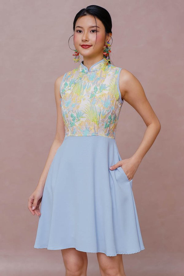 WHIMSICAL WONDER EMBOSSED CHEONGSAM DRESS (BABY BLUE)