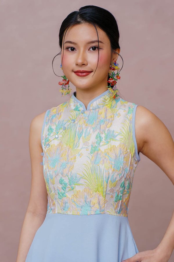 WHIMSICAL WONDER EMBOSSED CHEONGSAM DRESS (BABY BLUE)