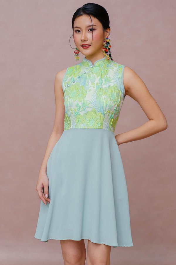 WHIMSICAL WONDER EMBOSSED CHEONGSAM DRESS (SAGE GREEN)
