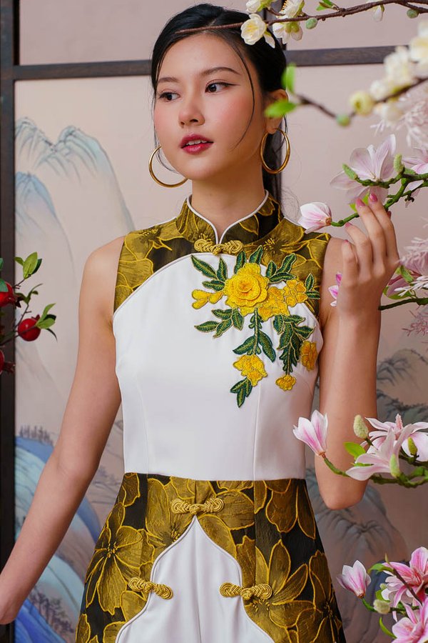 REGALIA OF ETERNAL BLOSSOMS BROCADE ROMPER (CLOUD GOLD)