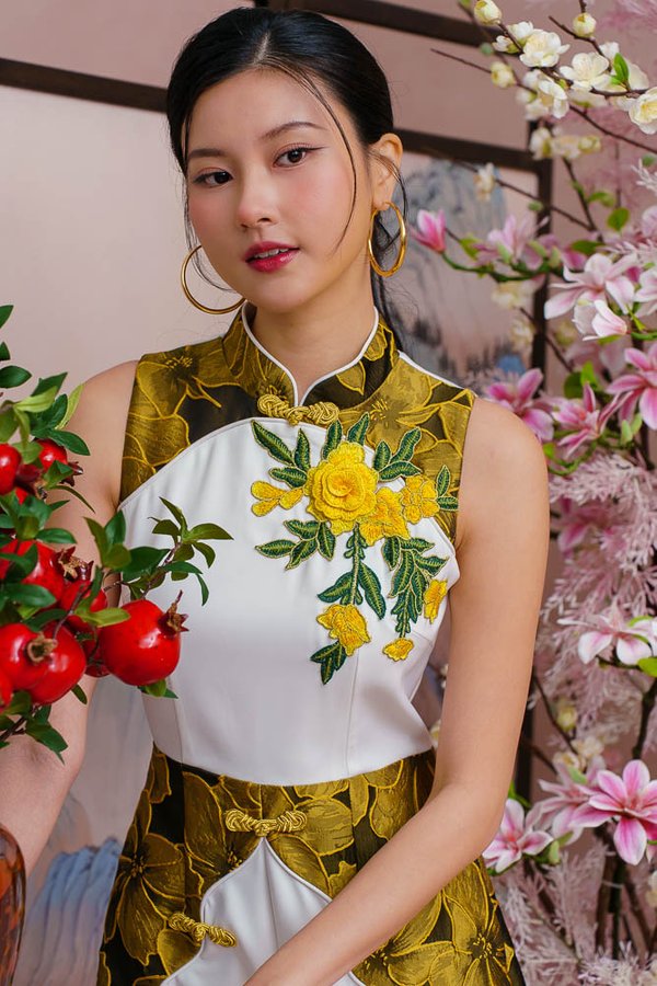 REGALIA OF ETERNAL BLOSSOMS BROCADE ROMPER (CLOUD GOLD)