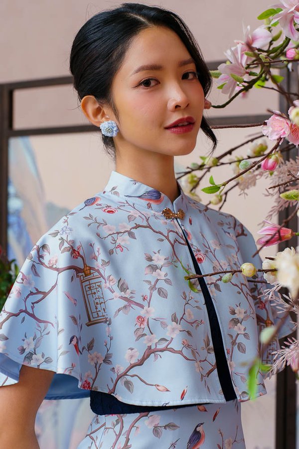 THE SONGSPIRE GARDEN HALF & HALF LACE DRESS WITH CAPE (WHISPY BLUE)