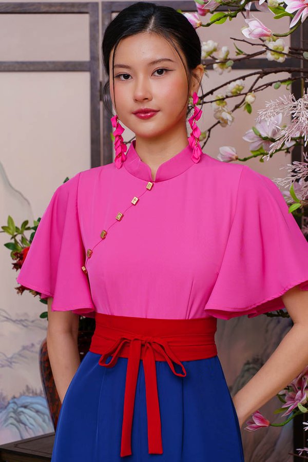FORTUNE MUSE FLUTTER SLEEVED CHEONGSAM JUMPSUIT (FUCHSIA PINK)