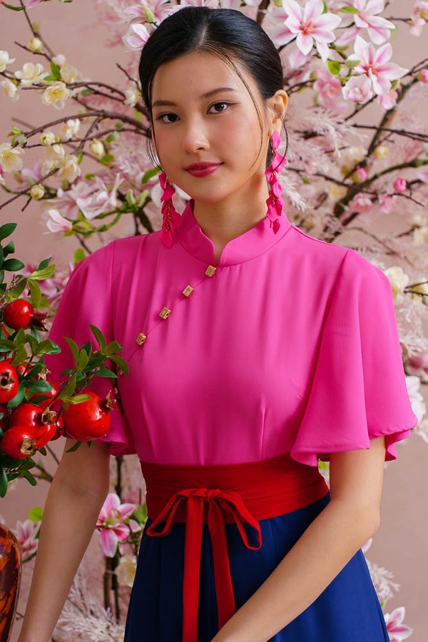 FORTUNE MUSE FLUTTER SLEEVED CHEONGSAM JUMPSUIT (FUCHSIA PINK)