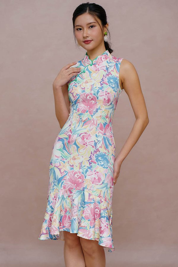 WATERCOLOUR OF A HUNDRED FLOWERS CHEONGSAM DRESS (SPRING BLOOM)