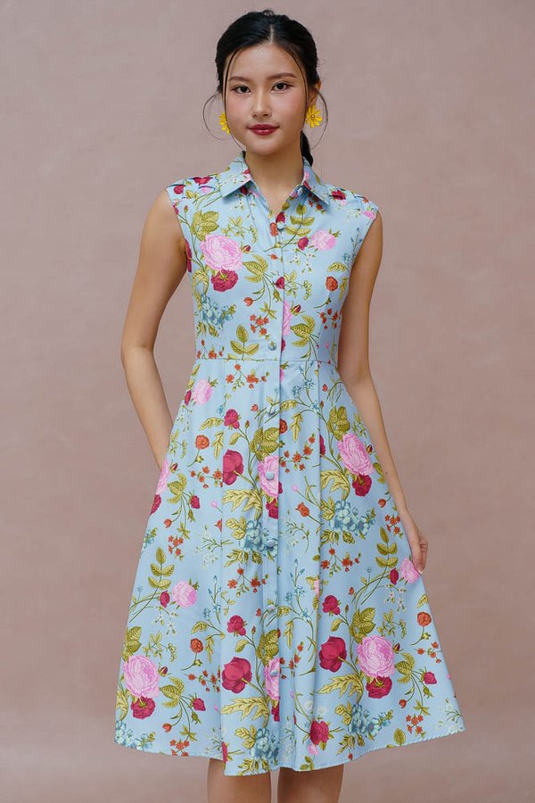WHISPERS OF BLOOM LATTICE SHIRT DRESS (SKY BLUE)