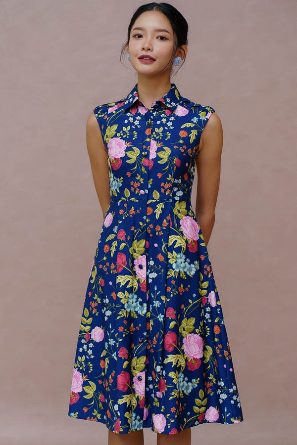 WHISPERS OF BLOOM LATTICE SHIRT DRESS (NAVY BLUE)