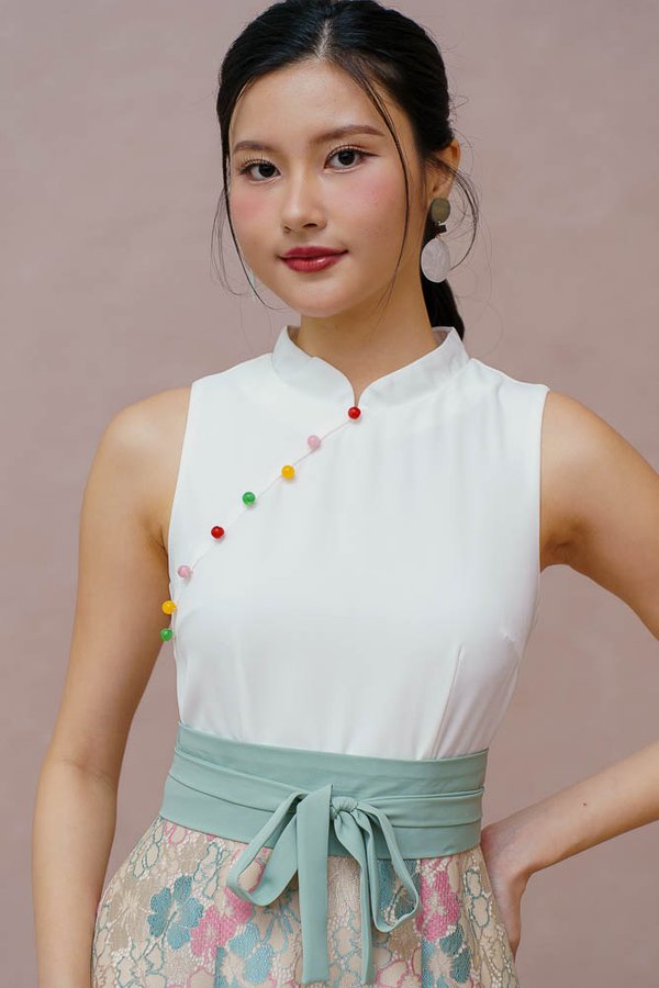 TIMELESS WEAVE HALF & HALF LACE CHEONGSAM DRESS (WHITE)