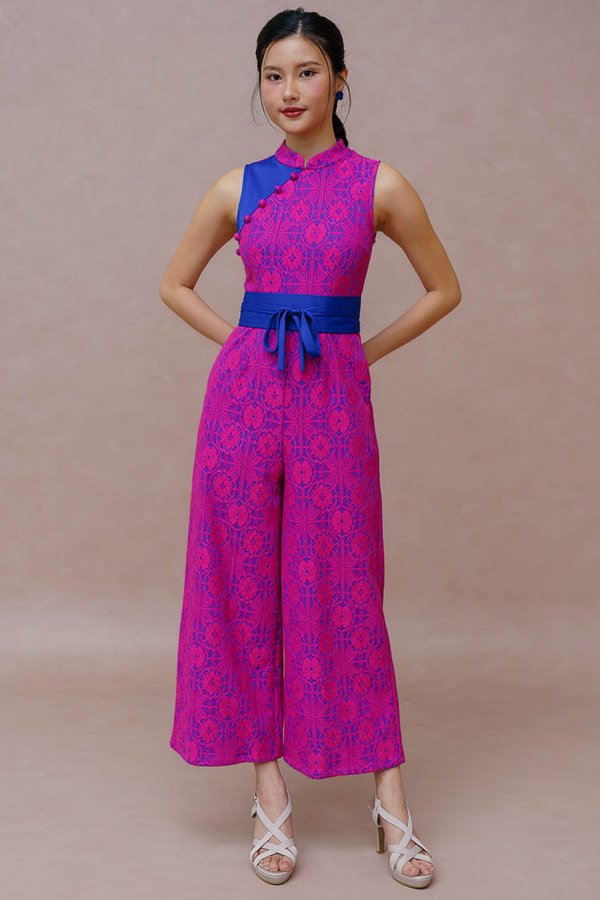 ETHEREAL THREAD LACE CHEONGSAM JUMPSUIT (ELECTRIC BLOOM PINK)