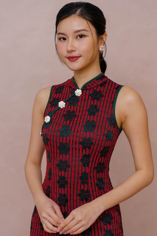 SHANGHAI ROSE LACE CHEONGSAM DRESS (WINE)