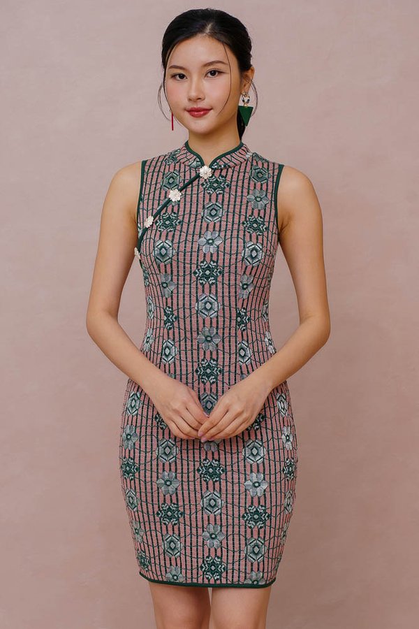 SHANGHAI ROSE LACE CHEONGSAM DRESS (DUSTY PINK)