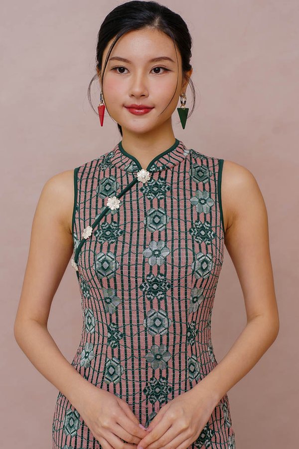 SHANGHAI ROSE LACE CHEONGSAM DRESS (DUSTY PINK)