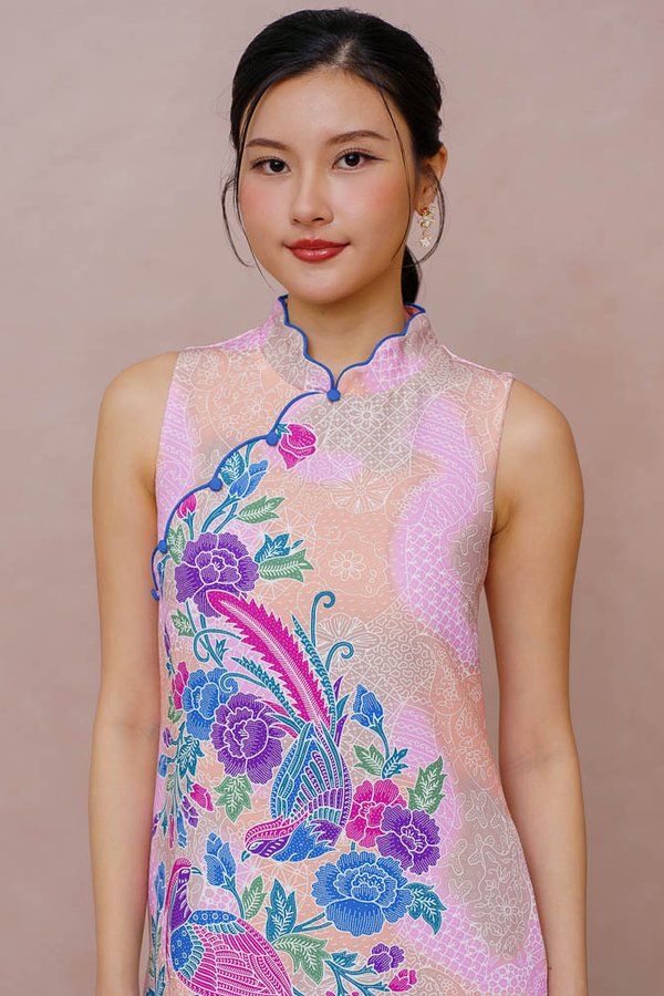 DANCE OF THE MYTHIC PLUMES BATIK CHEONGSAM DRESS (DUSTY ROSETTE)