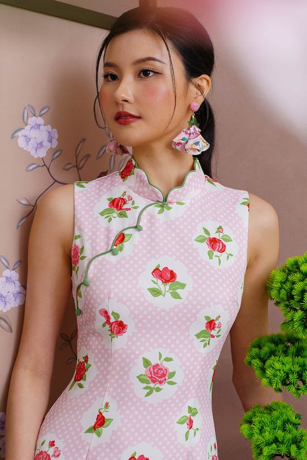 MOON ROSE POLKADOT CHEONGSAM DRESS (BLUSH PINK)