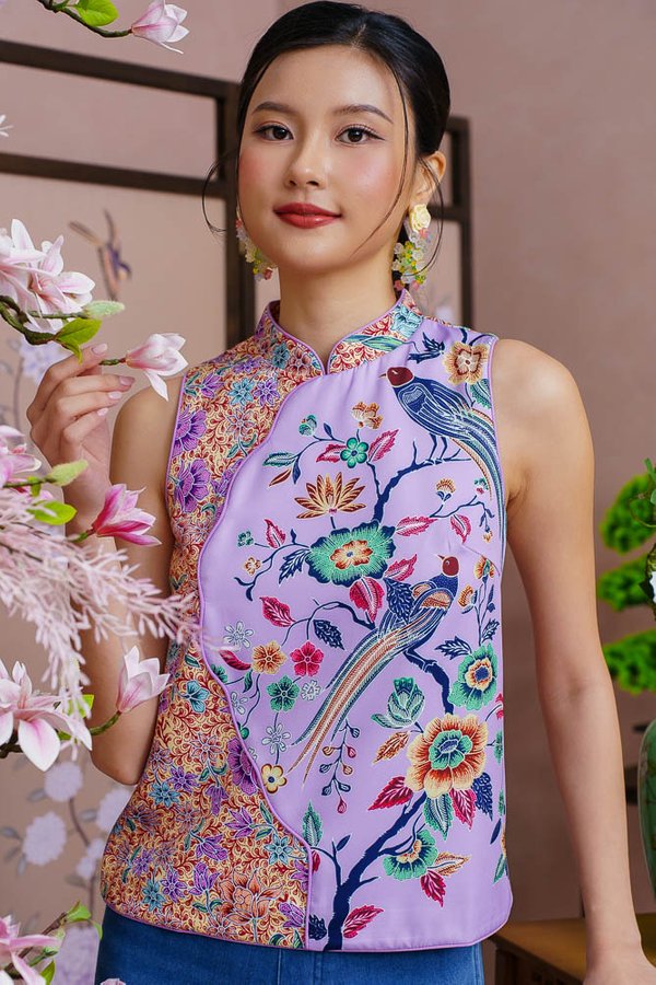BIRDSONG TAPESTRY BATIK CHEONGSAM TOP (FEATHER LILAC)