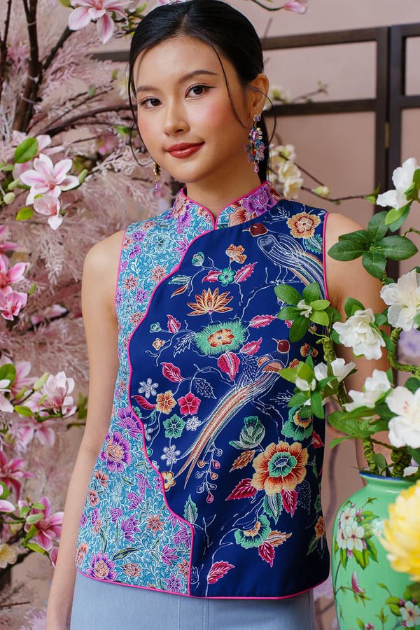 BIRDSONG TAPESTRY BATIK CHEONGSAM TOP (DEEP NAVY)