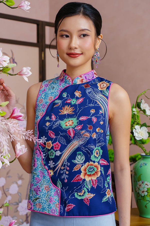 BIRDSONG TAPESTRY BATIK CHEONGSAM TOP (DEEP NAVY)