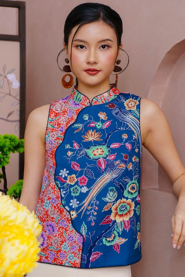 BIRDSONG TAPESTRY BATIK CHEONGSAM TOP (TEAL BLUE)