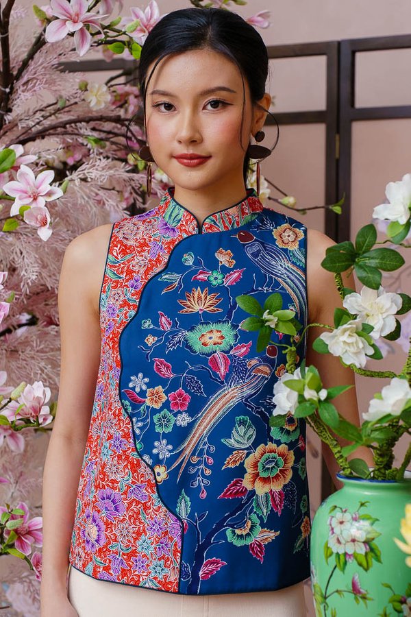 BIRDSONG TAPESTRY BATIK CHEONGSAM TOP (TEAL BLUE)