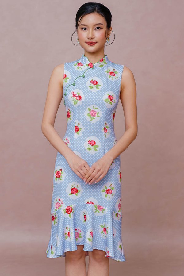 MOON ROSE POLKADOT CHEONGSAM DRESS (SKY BLUE)