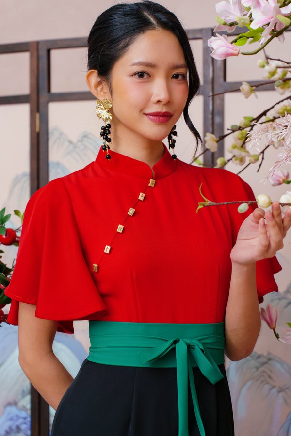 FORTUNE MUSE FLUTTER SLEEVED CHEONGSAM JUMPSUIT (CARDINAL RED)