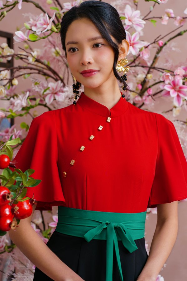 FORTUNE MUSE FLUTTER SLEEVED CHEONGSAM JUMPSUIT (CARDINAL RED)